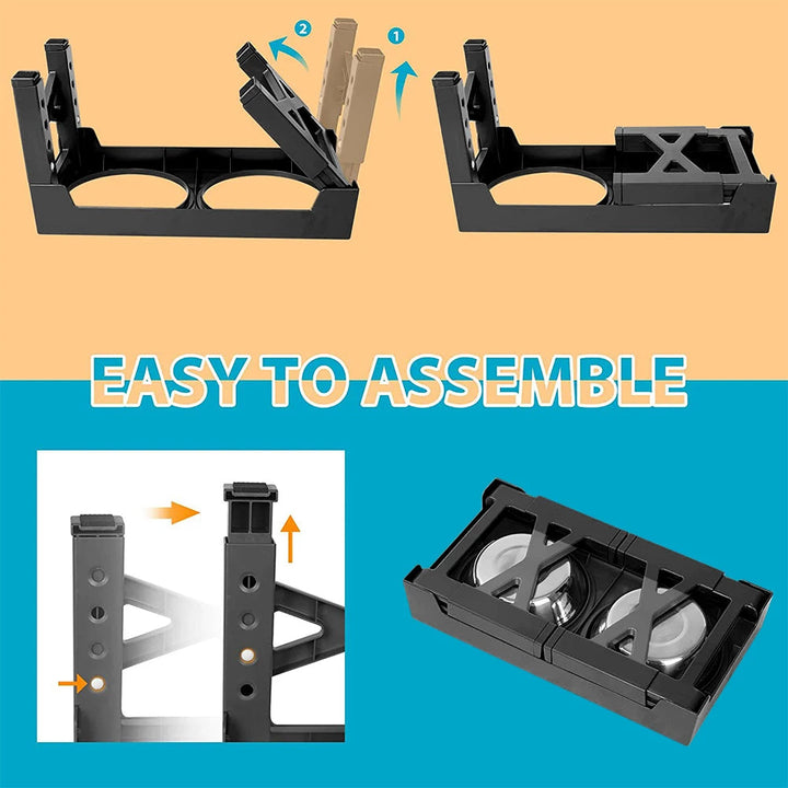 "Adjustable tilt raised dog bowl stand with stainless and slow-feed bowls, ergonomic design for comfortable pet feeding."