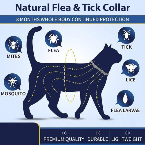 "Adjustable waterproof flea and tick collar for cats and dogs, featuring natural essential oils and eco-friendly design."