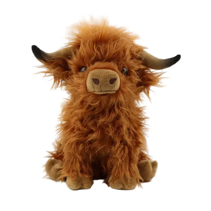 Adorable Cuddly Highland Cow plush toy, super soft brown fur. Perfect kids gift & cute home decor.