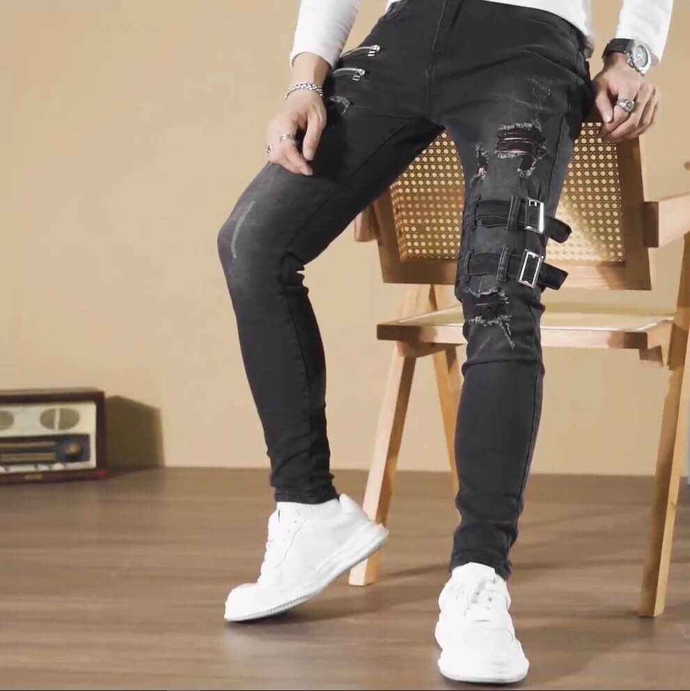 Men's Skinny Ripped Biker Jeans with Buckles