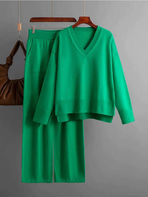 Women's V-Neck Sweater and Wide-Leg Trousers Set
