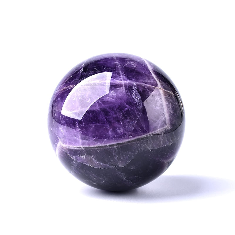 Polished amethyst sphere, a beautiful healing crystal for meditation & spiritual decor.