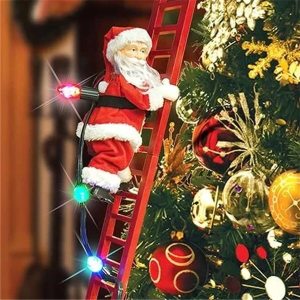 Animated Climbing Santa decoration with music for Christmas tree. Festive holiday ornament for home decor.