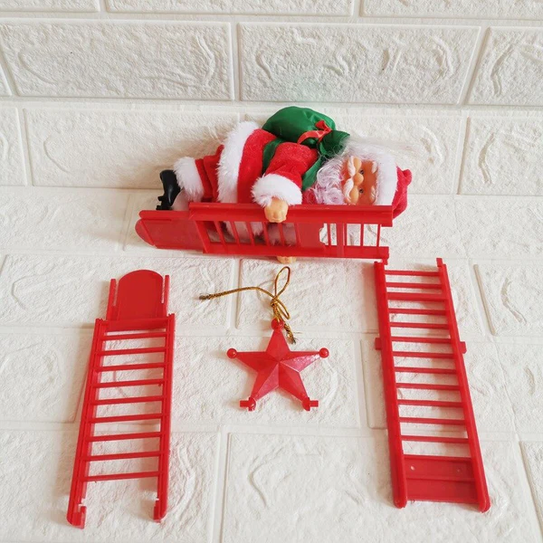 Musical animated Santa Claus figurine climbing a ladder, perfect Christmas tree decoration & festive home decor.