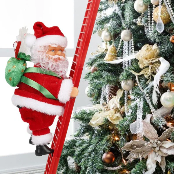 Jolly animated Santa Claus climbing a ladder, a charming Christmas decoration & musical ornament for your tree.