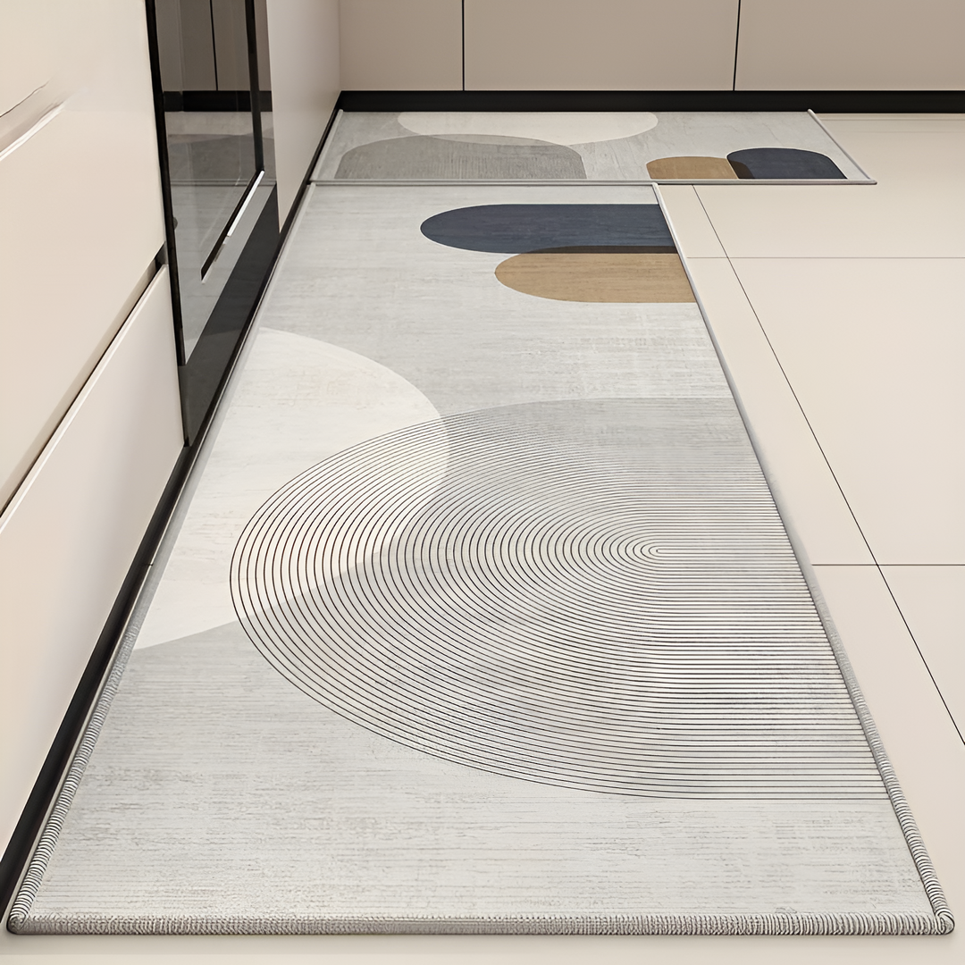 Ergonomic anti-fatigue kitchen runner mat, soft cushioned floor support. Easy clean and non-slip.