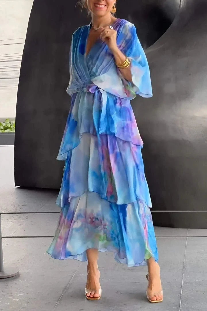 Elegant tiered ruffle wrap maxi dress for special occasions & wedding guests.