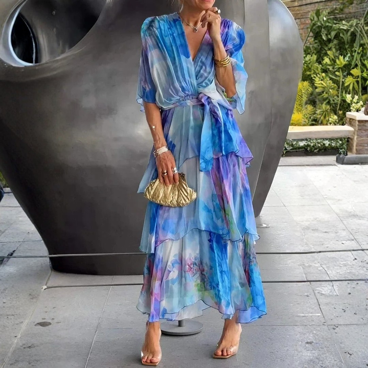 Women's elegant wrap maxi dress with tiered ruffles, V-neck, and kimono sleeves.