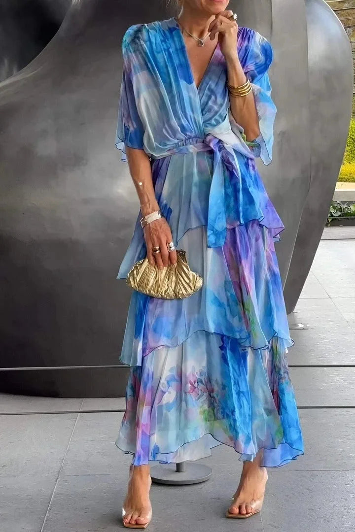 Formal long maxi dress for garden parties & special events, featuring tiered ruffles.
