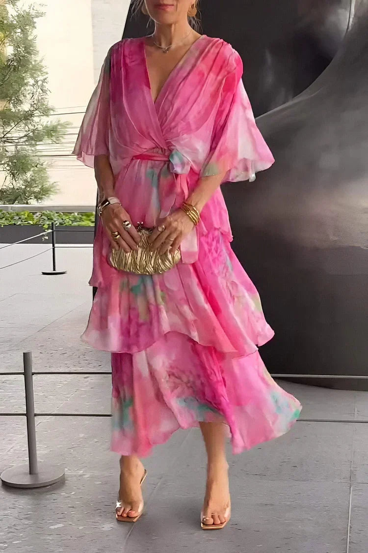 Women's V-neck tiered ruffle maxi dress with elegant kimono sleeves for special occasions.