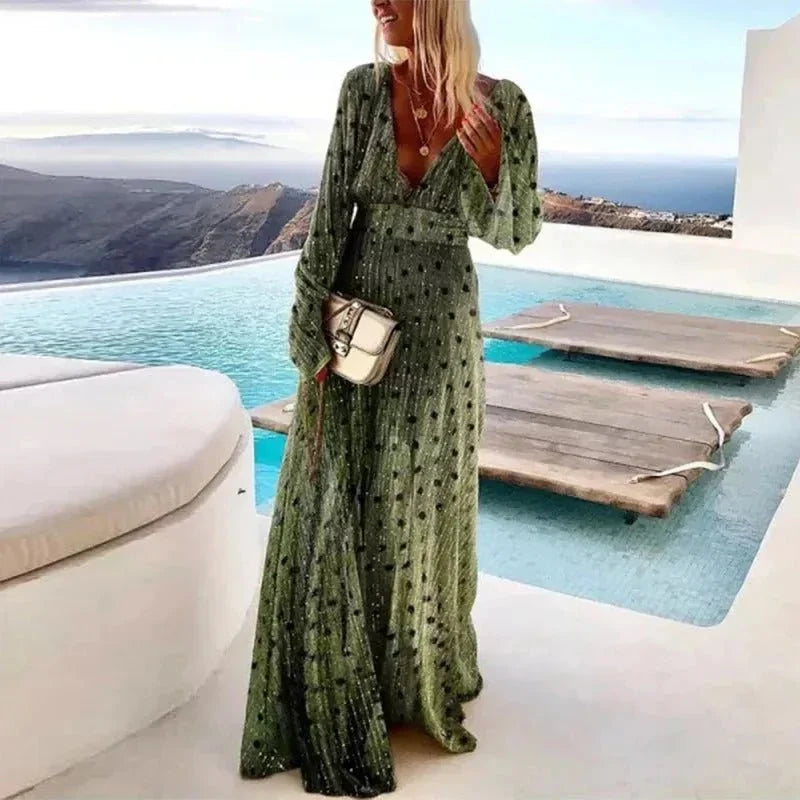 Chic women's polka dot V-neck maxi dress, perfect for races or elegant summer events. Flowing design.
