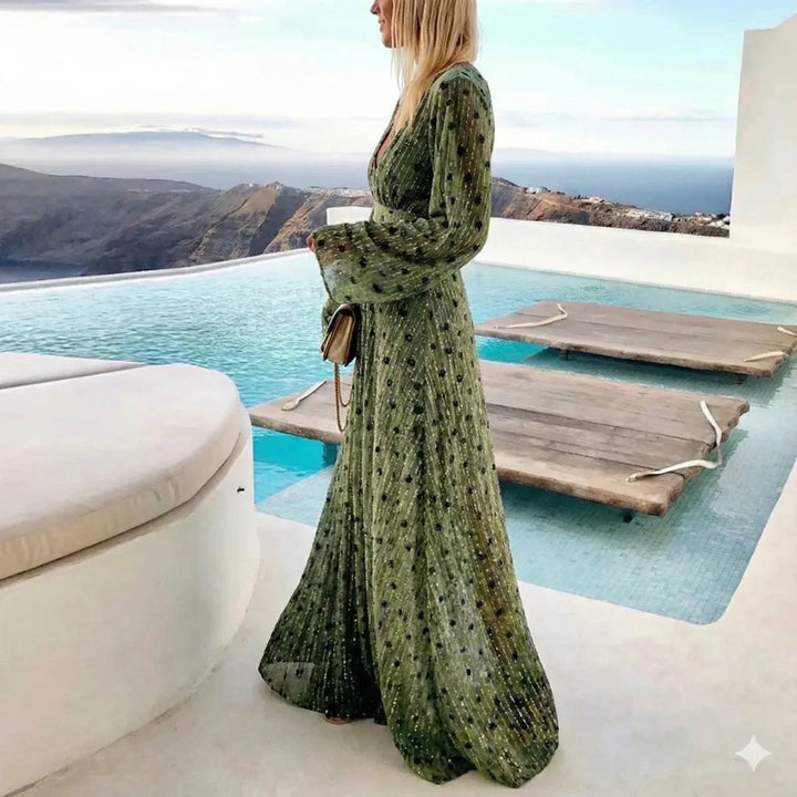 Elegant green polka dot V-neck maxi dress for women, ideal for party, summer, or event wear. Fashionable.