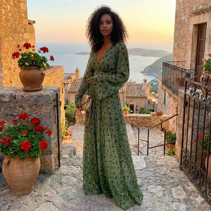 Women's flowing V-neck polka dot maxi dress. Stylish and comfortable for races, parties, and summer occasions.