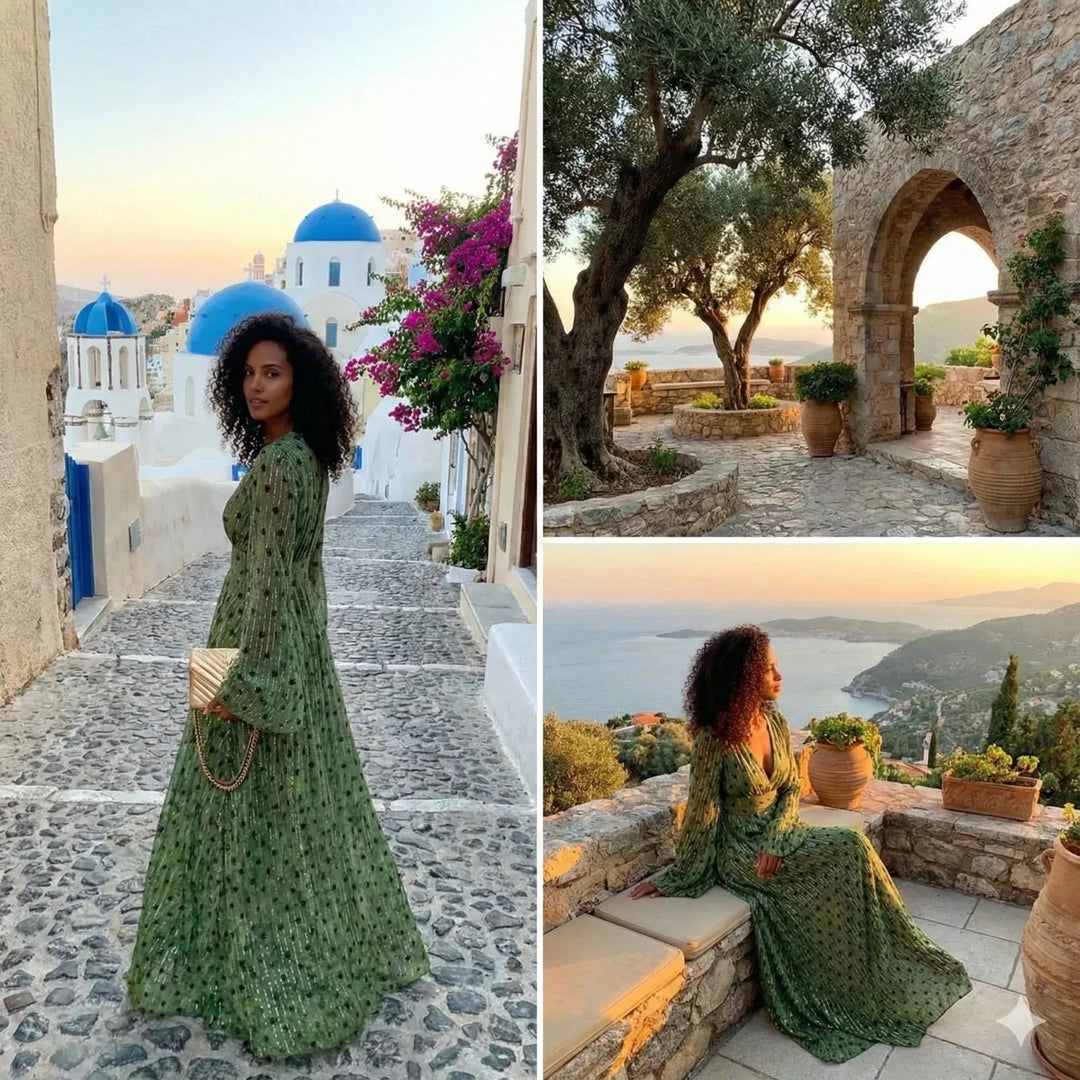 Stylish women's V-neck polka dot maxi dress. Versatile for races, elegant events, and summer parties. Chic fashion.