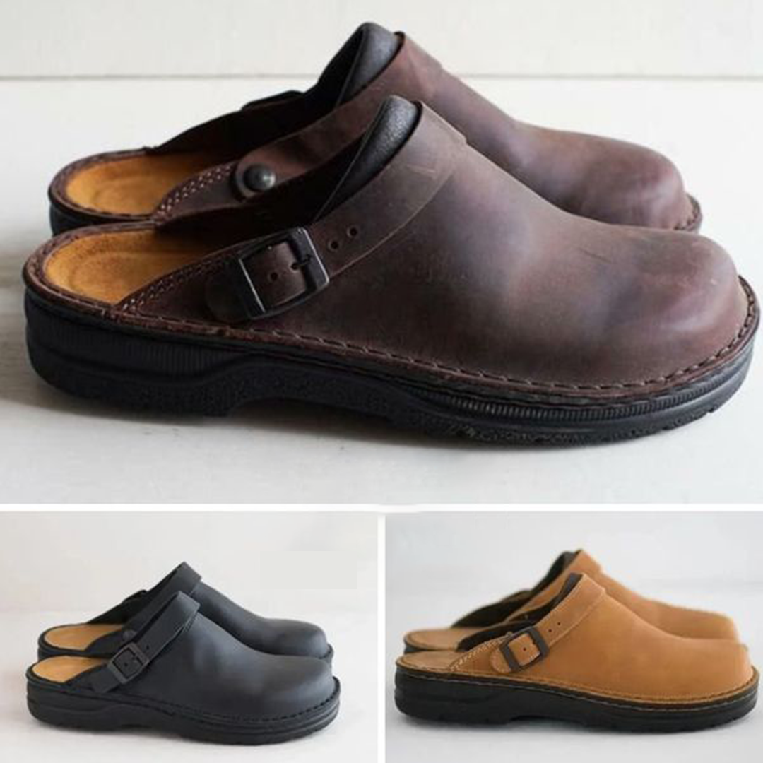 Men's support clogs, black casual slip-on mules with adjustable buckle, perfect for everyday wear.