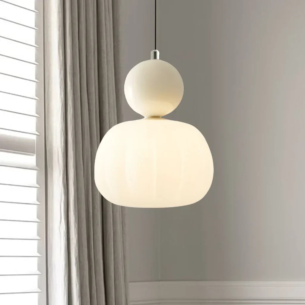 "Art Deco Cream Pendant Light with Bauhaus design, features high-quality metal frame and warm glow for elegant home lighting.