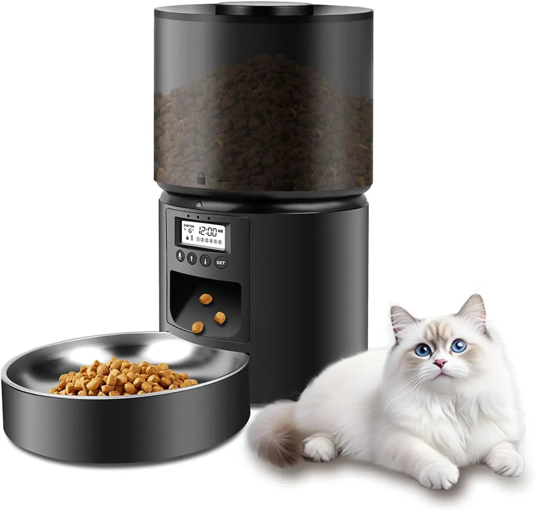 "Automatic cat feeder dispensing kibble with timer and voice recording feature for timely pet meals."