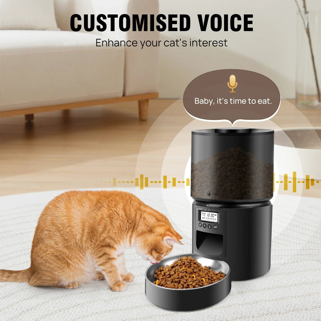 "Automatic cat feeder dispensing kibble with timer and voice recording feature for timely pet meals."
