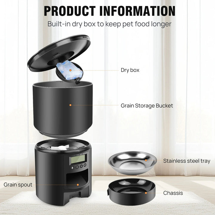 "Automatic cat feeder dispensing kibble with timer and voice recording feature for timely pet meals."