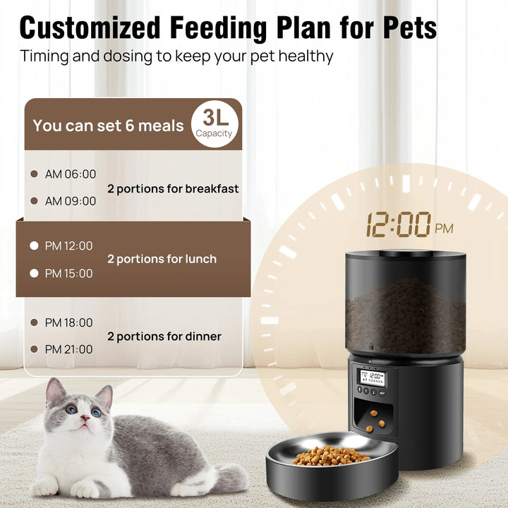 "Automatic cat feeder dispensing kibble with timer and voice recording feature for timely pet meals."