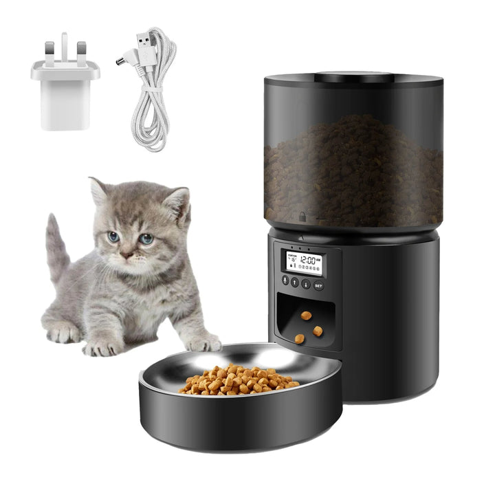 "Automatic cat feeder dispensing kibble with timer and voice recording feature for timely pet meals."