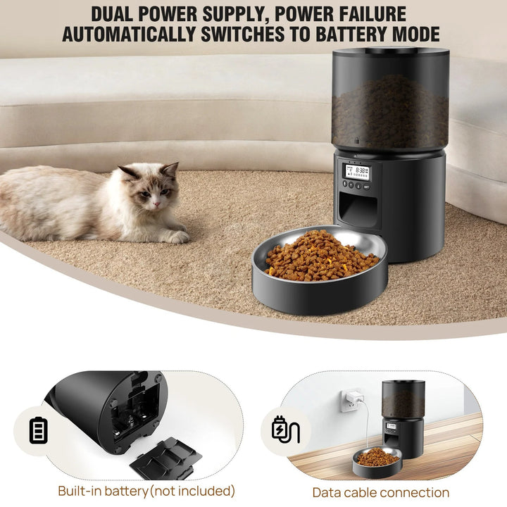"Automatic cat feeder dispensing kibble with timer and voice recording feature for timely pet meals."