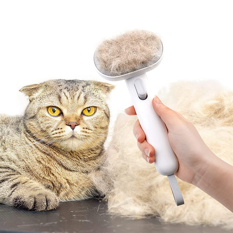 "Automatic cat grooming tool with stainless steel bristles and rubber tips, offers easy cleaning and tangle-free coat care."