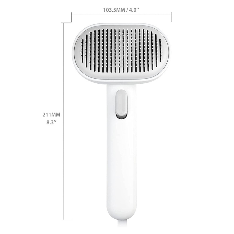 "Automatic cat grooming tool with stainless steel bristles and rubber tips, offers easy cleaning and tangle-free coat care."