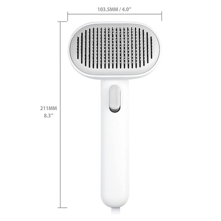 "Automatic cat grooming tool with stainless steel bristles and rubber tips, offers easy cleaning and tangle-free coat care."