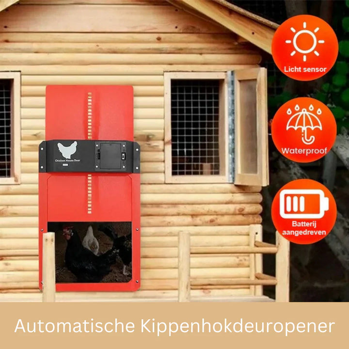 Automatic chicken coop door with light sensor, weatherproof brown frame; opens/closes by itself, protects from predators.