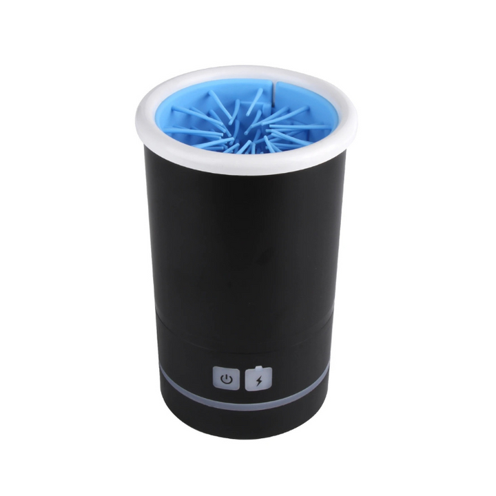 "Automatic pet paw washer with rotating bristles, cleans paws gently, USB rechargeable, available in sizes S, M, L."