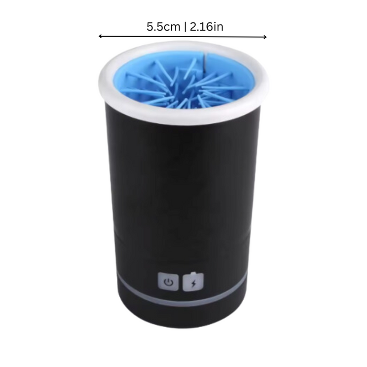 "Automatic pet paw washer with rotating bristles, cleans paws gently, USB rechargeable, available in sizes S, M, L."