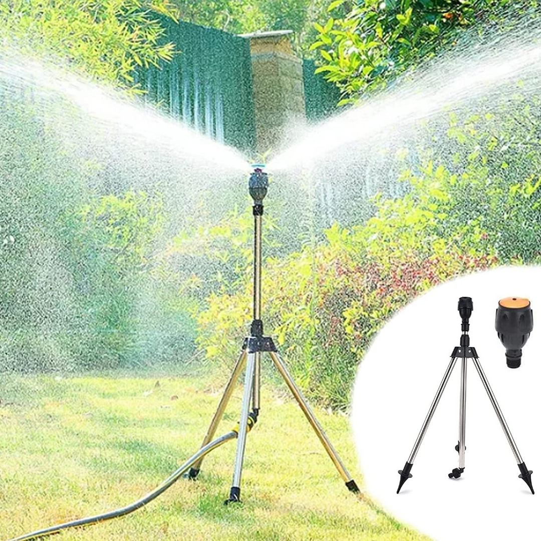 Automatic rotating garden sprinkler with adjustable tripod for customizable height, perfect for even water distribution.