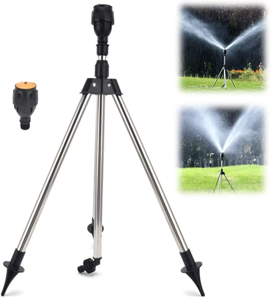 Automatic rotating garden sprinkler with adjustable tripod for customizable height, perfect for even water distribution.