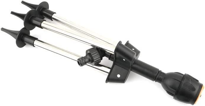 Automatic rotating garden sprinkler with adjustable tripod for customizable height, perfect for even water distribution.
