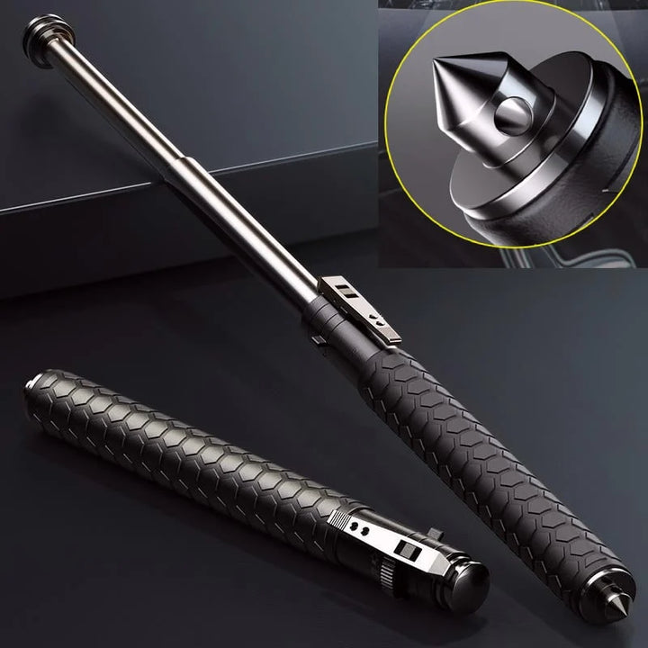 "Automatic self-defense walking stick for urban safety with one-click deploy, anti-slip grip, and lightweight alloy design."