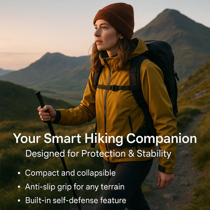 "Automatic self-defense walking stick for urban safety with one-click deploy, anti-slip grip, and lightweight alloy design."