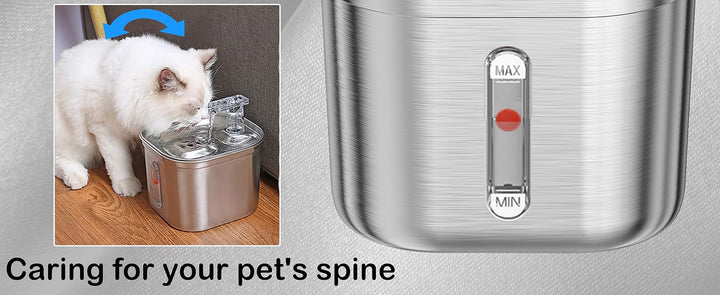 "Automatic stainless steel cat water fountain with triple filtration, quiet pump, and adjustable flow for pet hydration."