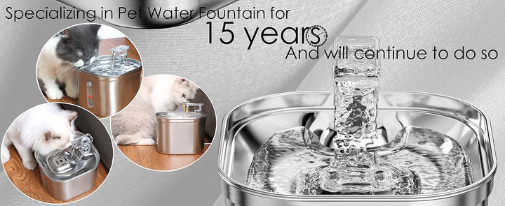 "Automatic stainless steel cat water fountain with triple filtration, quiet pump, and adjustable flow for pet hydration."