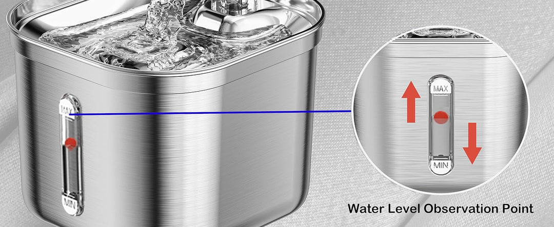 "Automatic stainless steel cat water fountain with triple filtration, quiet pump, and adjustable flow for pet hydration."