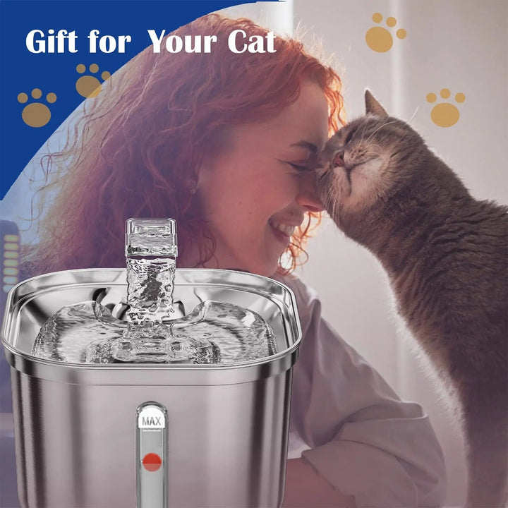 "Automatic stainless steel cat water fountain with triple filtration, quiet pump, and adjustable flow for pet hydration."