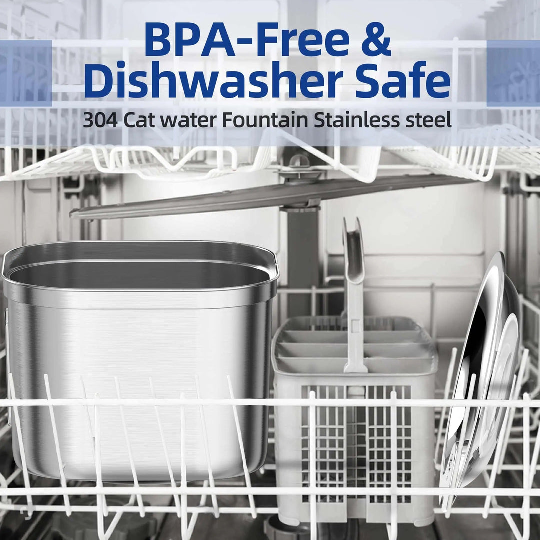 "Automatic stainless steel cat water fountain with triple filtration, quiet pump, and adjustable flow for pet hydration."