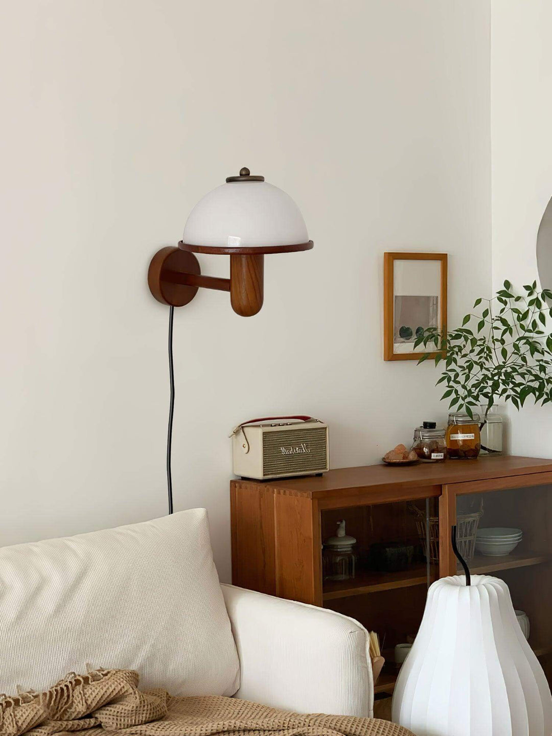 Oak Wood Mushroom Wall Light with White Shade