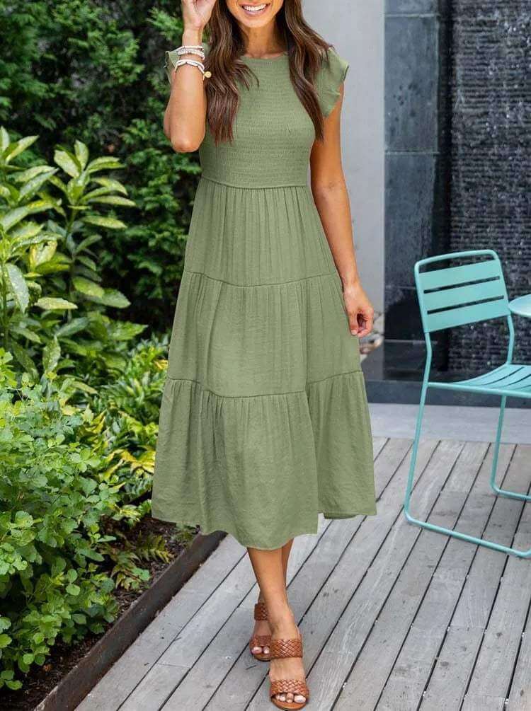 Women's Tiered Midi Dress with Flutter Sleeves
