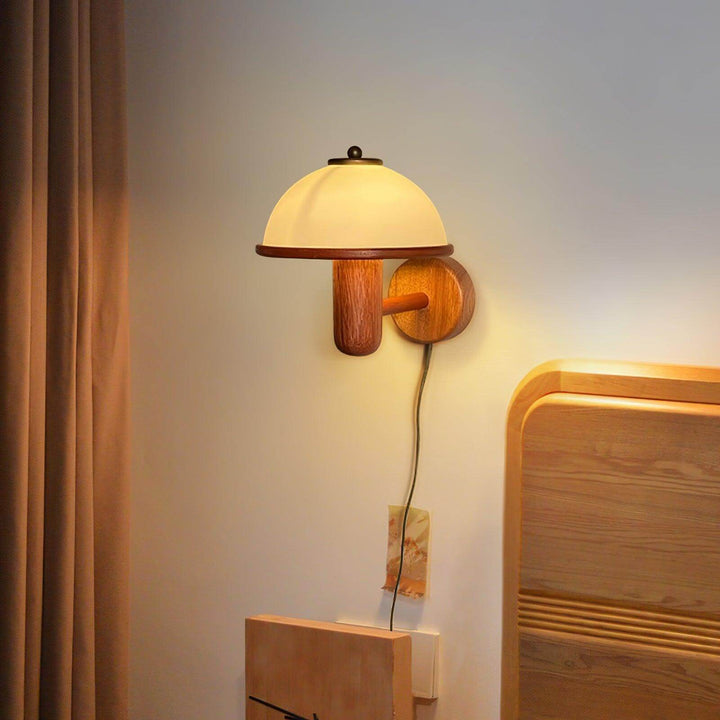Oak Wood Mushroom Wall Light with White Shade
