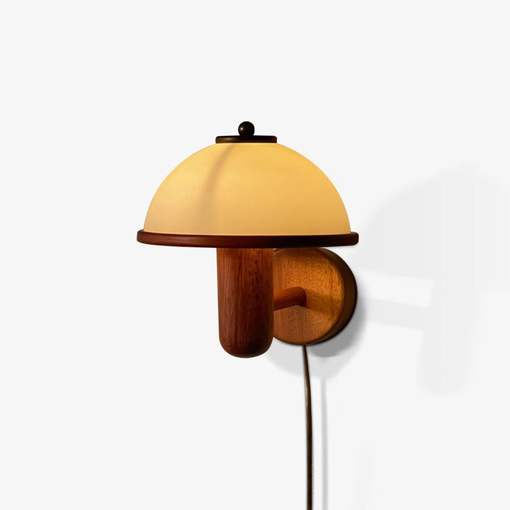 Oak Wood Mushroom Wall Light with White Shade