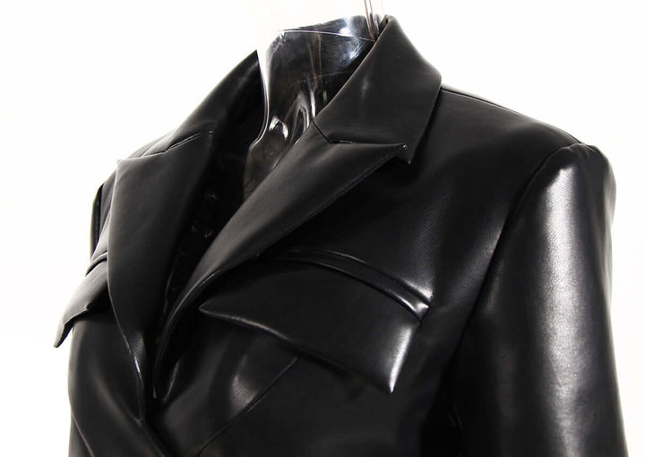 Women's PU Leather Jacket with Waistband