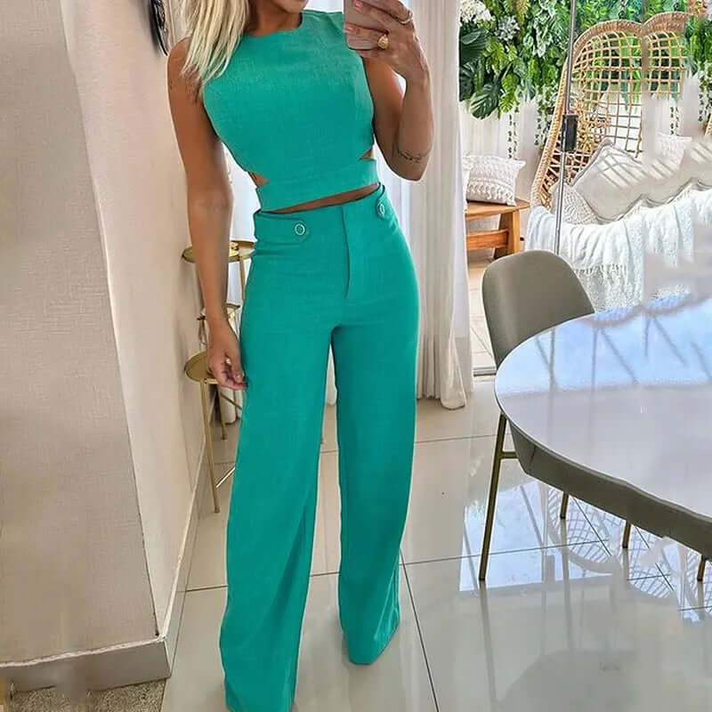 Women's Round Neck Top and Wide Leg Trouser Set