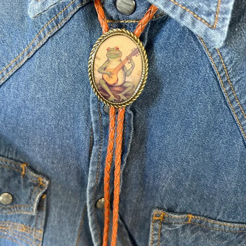 Unisex novelty banjo frog bolo tie, a distinctive western style fashion accessory with animal motif.