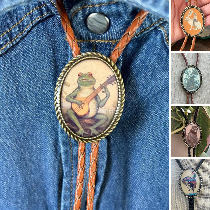Fun novelty banjo frog bolo tie, a unisex western style accessory featuring a whimsical animal motif.
